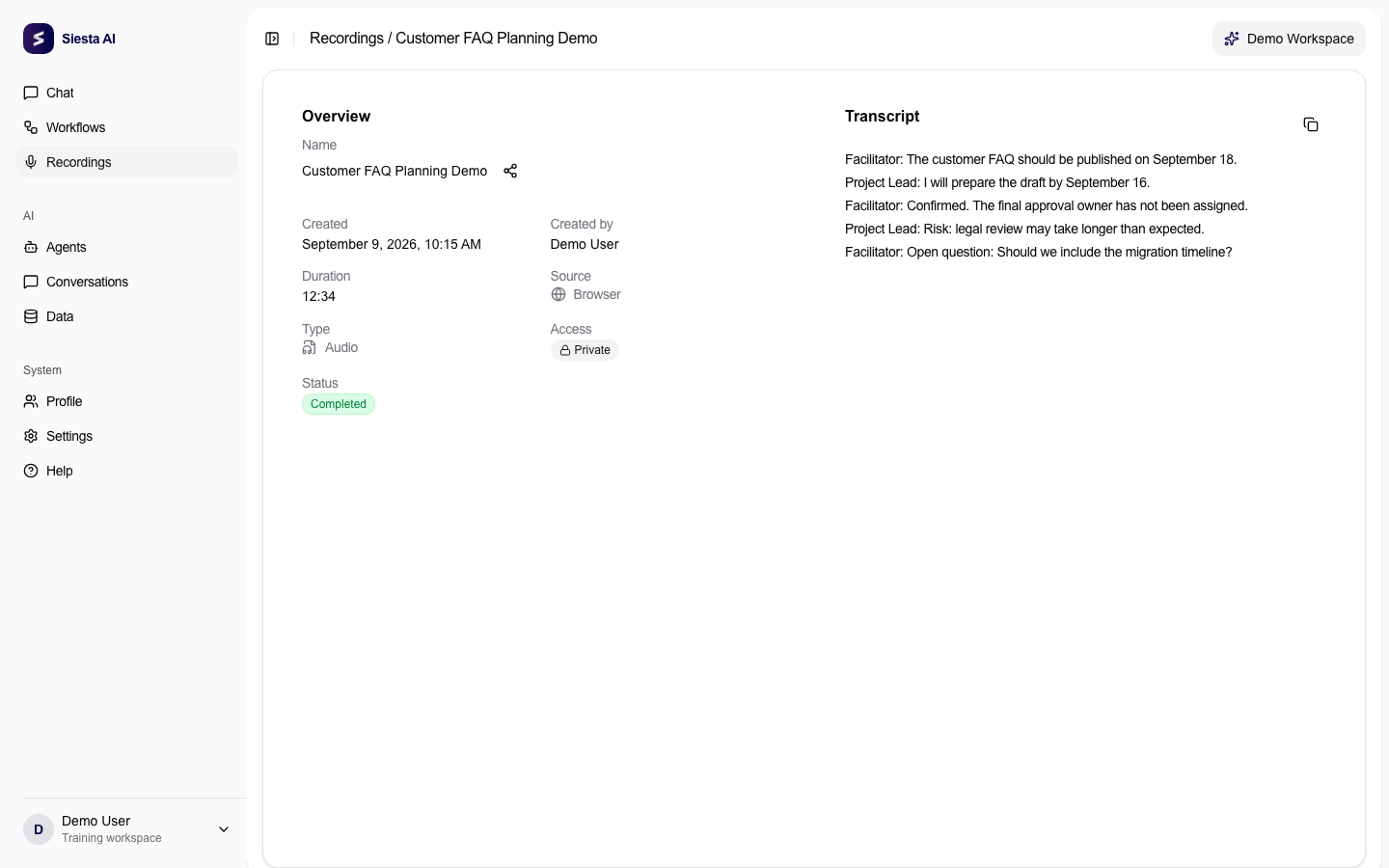 Completed recording detail with a transcript and the copy icon in its card