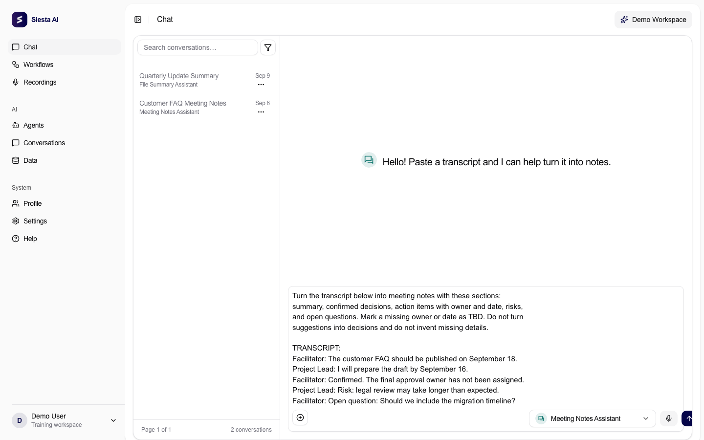 Chat composer containing a transcript and instructions for structured meeting notes