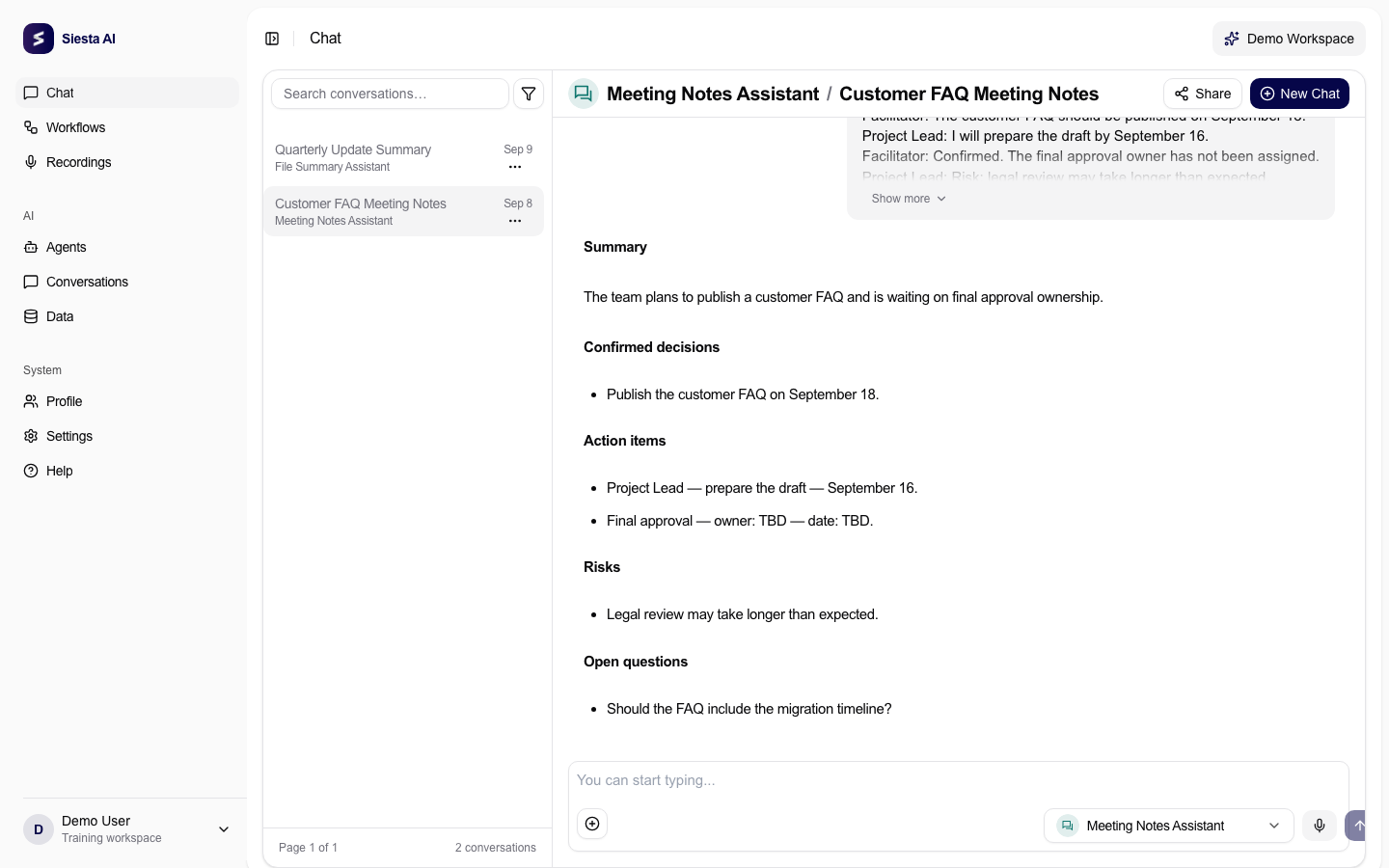 Structured meeting notes in Siesta AI Chat with decisions and action items