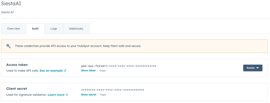 Token di Accesso in HubSpot Auth