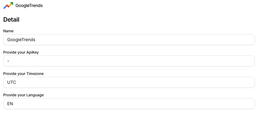 Detail konfigurácie GoogleTrends konektora